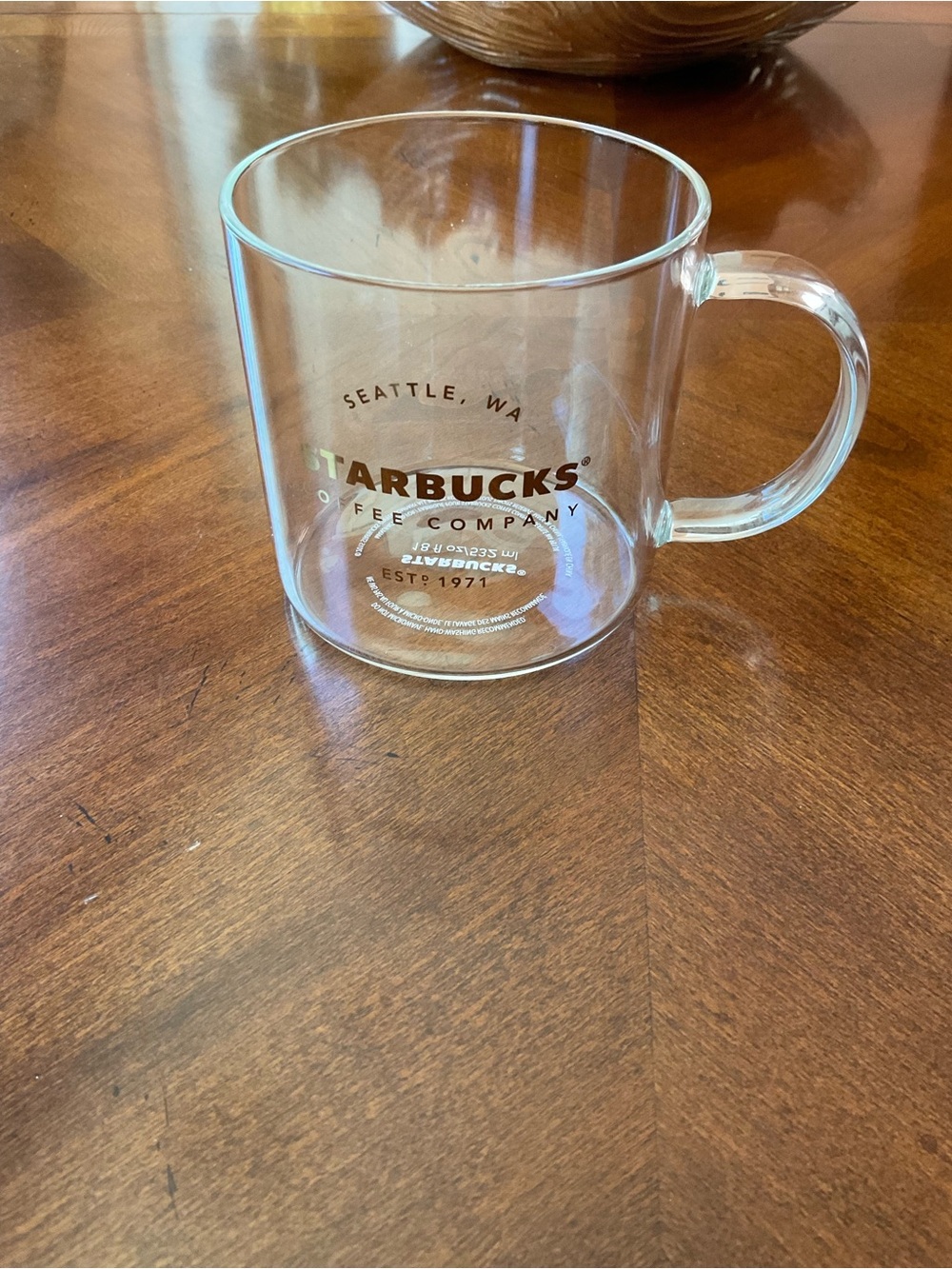 2015 Starbucks Clear Glass Mug 18 oz Gold Letters EST. 1971